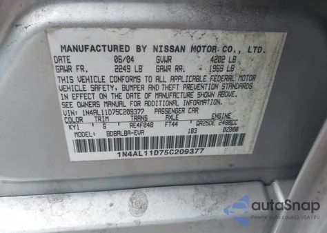 2005 Nissan Altima 2.5 S z USA, uszkodzony, nr VIN 1N4AL11D75C209377